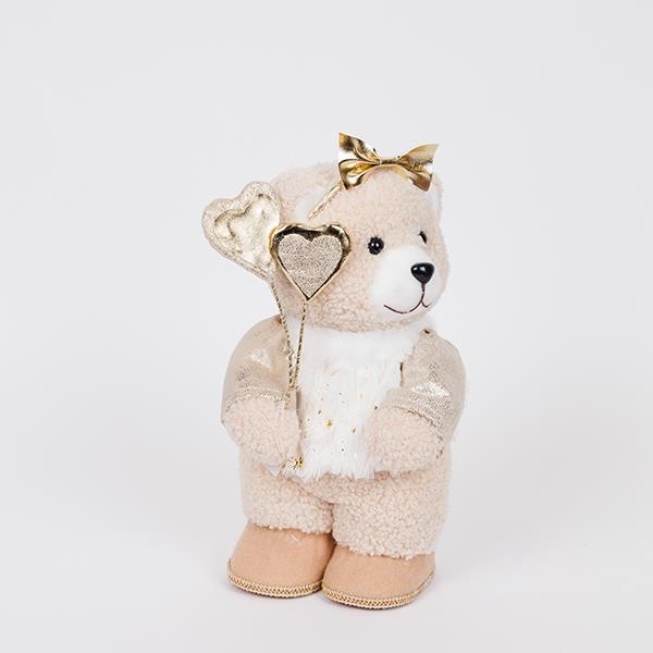 OSO DE PELUCHE CON ROPA Y LAZO COLOR CHAMPÁN, 31 CM