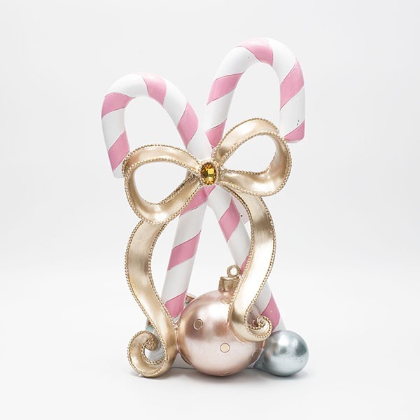 BASTONES DE CARAMELO DE POLIRRESINA, COLOR ROSA CON LAZO, 19,3 X 14 X 30,2 CM