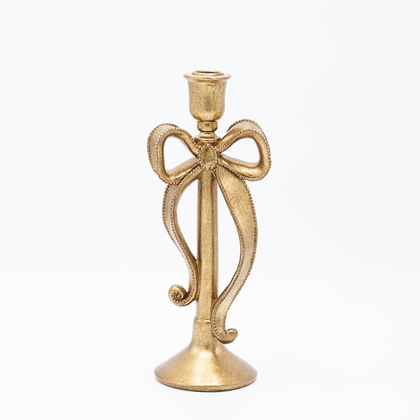 CANDELABRO DE POLIRRESINA, DORADO, CON LAZO, 11,5 X 10 X 29 CM