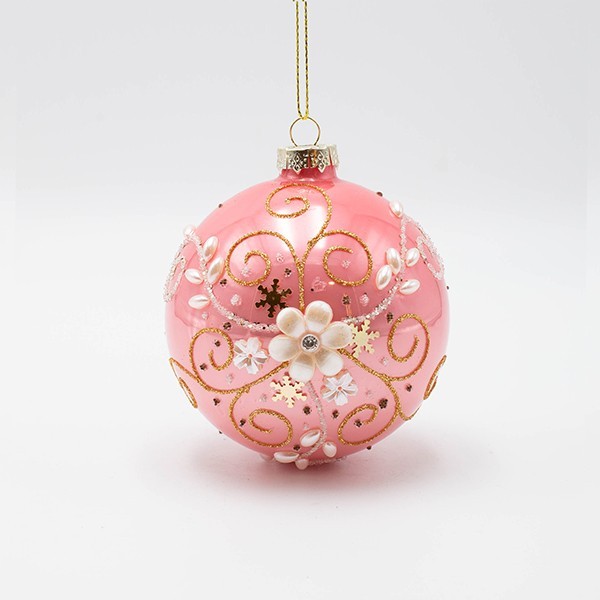 BOLA DE CRISTAL, ROSA CON FLOR DE PERLA BLANCA, SET DE 4 PIEZAS, 8 CM