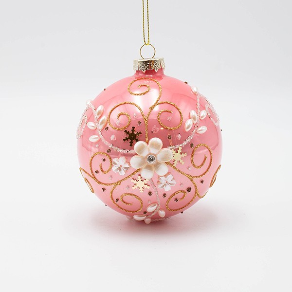 BOLA DE CRISTAL, ROSA CON FLOR DE PERLA BLANCA, SET DE 4 PIEZAS, 10 CM