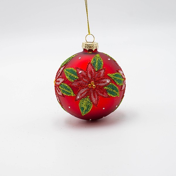 BOLA DE CRISTAL, ROJA CON FLOR DE POINSETTI, SET DE 4 PIEZAS, 8 CM