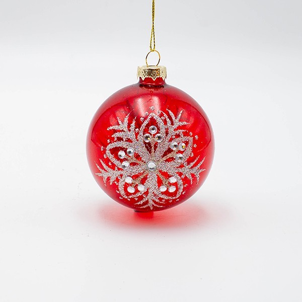 BOLA DE CRISTAL, ROJA CON FLOR PLATEADA, SET DE 4 PIEZAS, 8 CM