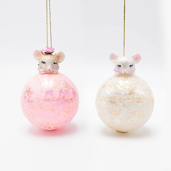 BOLA DE CRISTAL, ROSA Y BLANCA CON RATÓN, 2 DISEÑOS, 11CM
