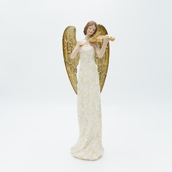 ÁNGEL DE POLIRESINA, CON ALAS DORADAS Y VIOLÍN, 12X34,5CM