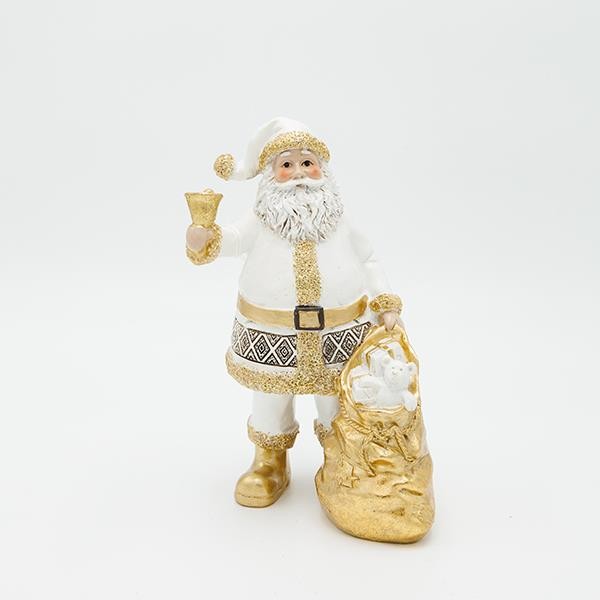 PAPÁ NOEL DE POLIRESINA, ORO BLANCO, CON CAMPANA, 13X19CM