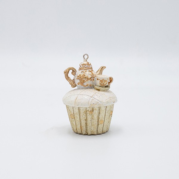 ADORNO COLGANTE DE POLIRESINA, CUPCAKE CON TETERA, CHAMPÁN, 5X7CM