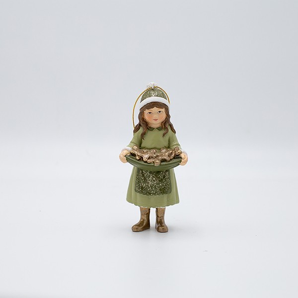 ADORNO COLGANTE DE POLIRESINA. NIÑA VERDE CON CESTA DE FRUTAS, 5,5 X 12 CM