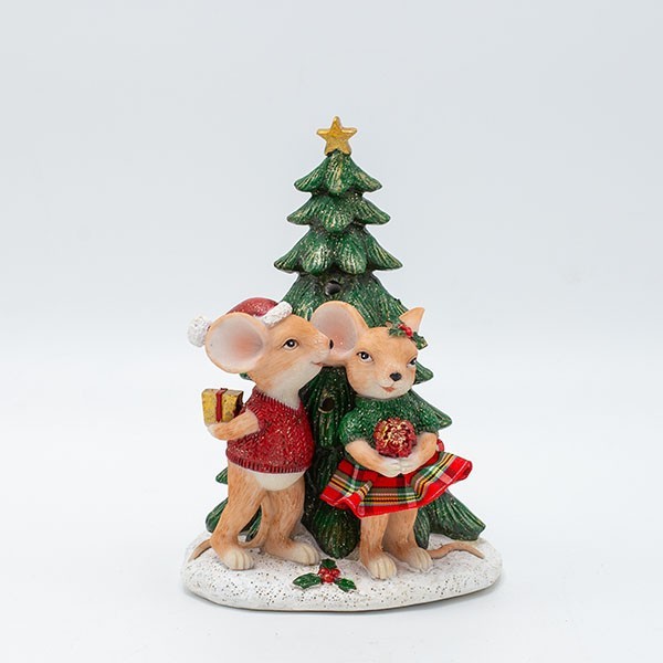 FIGURA DECORATIVA DE POLIRRESINA, PAREJA DE RATONES CON ÁRBOL, ILUMINADA, 11 X 16 CM.