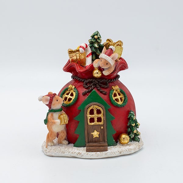 DECORACIÓN DE POLIRESINA, CASA CON RATONES, ILUMINADA, 12X13CM