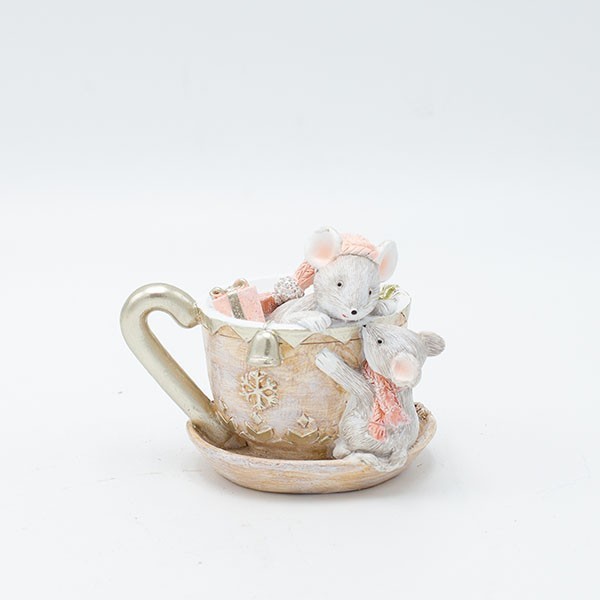 DECORATIVO DE POLIRESINA, RATONES EN TAZA DE TÉ, ROSA CLARO, ΑΠΑΛΟ ΡΟΖ, 10X8CM