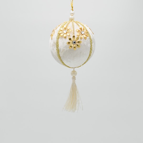 BOLA DE TERCIOPELO, BEIGE, CON FLORES Y BORLA, 10CM
