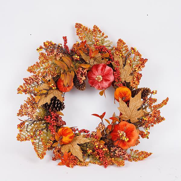 CORONA CON HOJAS DE ARCE Y CALABAZAS DE TERCIOPELO NARANJA, 60 CM