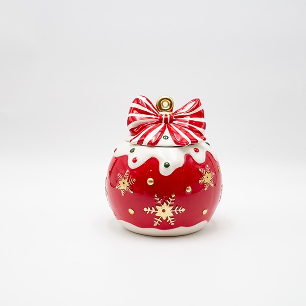 TARRO DE GALLETAS, BOLA NAVIDEÑA ROJA CON LAZO, DECORATIVO, 16X17,5CM