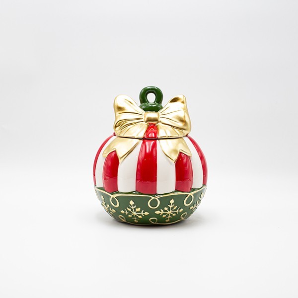 TARRO DE GALLETAS, BOLA DE DULCES NAVIDEÑOS CON LAZO DORADO, DECORATIVO, 18,5X21,5CM