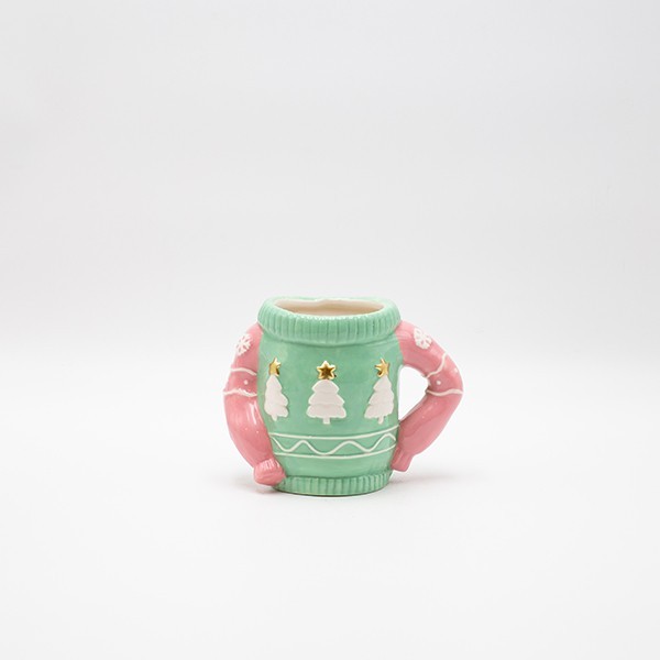 TAZA, SUÉTER, MENTA CON ÁRBOLES DORADOS, DECORATIVA, 15,5X12,2CM