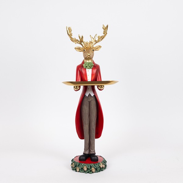 CIERVO CON BANDEJA Y CUERNAS DECORADAS, ROJO, POLIRESINA, 19X61CM