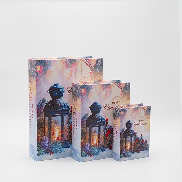 LIBROS DECORATIVOS DE MADERA, CON LINTERNA, SET 3 UDS, 30X22X7.5CM, 23X17.5X6CM Y 16X11X5CM