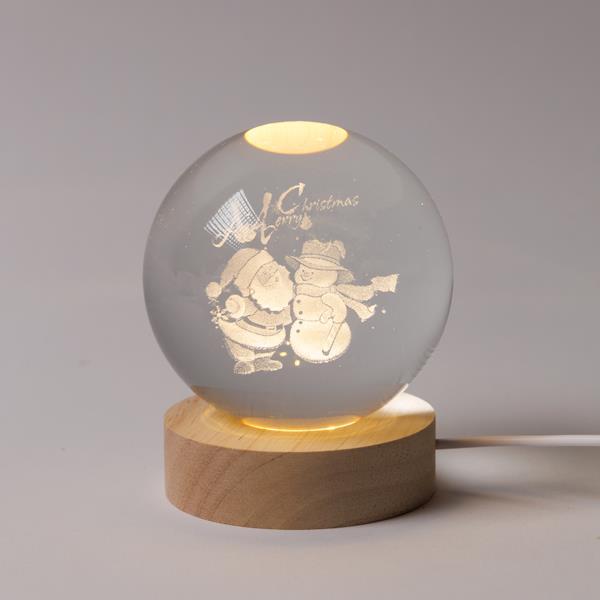 BOLA ILUMINADA DE 8 CM, DISEÑO NAVIDEÑO, MUÑECO DE NIEVE CON PAPÁ NOEL, USB, 6 LED SMD BLANCO CÁLIDO, BASE DE 7 CM, CABLE DE 70 CM, IP20