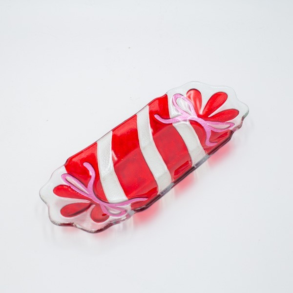 PLATO DE DULCES RECTANGULAR, PLATEADO ROJO, VIDRIO DECORATIVO, 12X31CM
