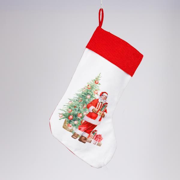 CALCETÍN CON PAPÁ NOEL Y ÁRBOL, BLANCO, 28X43CM