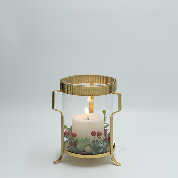 LINTERNA DE METAL CON DETALLES DORADOS Y VELA, 15X18CM