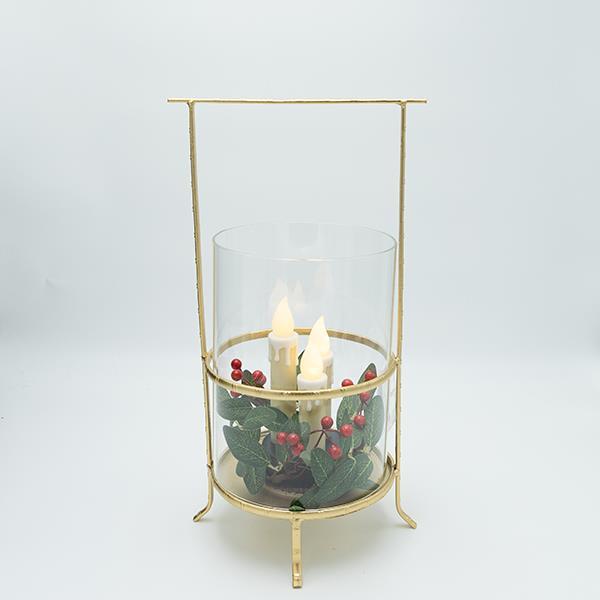 LINTERNA DE METAL CON DETALLES DORADOS Y 3 VELAS, 20X17X37CM