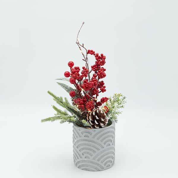 MACETA CON DECORACIÓN NAVIDEÑA, NEVADA, ILUMINADA, 10X35CM