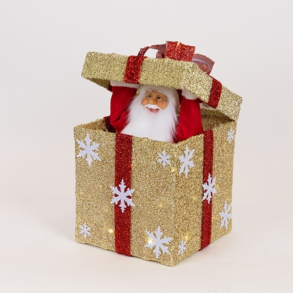 REGALO MECÁNICO CON TAPA DE APERTURA TÁCTIL, MÚSICA, MOVIMIENTO Y LUZ, DORADO, A PILAS, 25X25CM