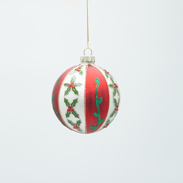 BOLA DE CRISTAL BLANCA CON ESTAMPADO DE ROJO Y MUÉRDAGO, JUEGO DE 4 PIEZAS, 8 CM