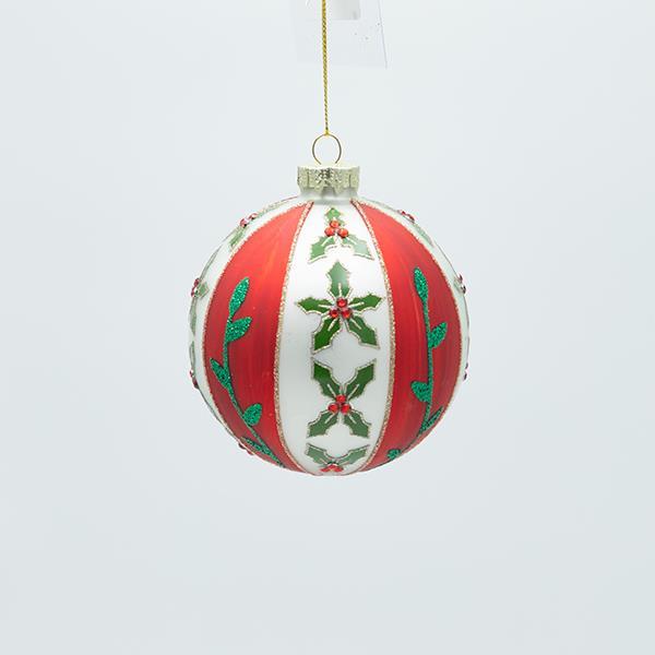 BOLA DE CRISTAL BLANCA CON ESTAMPADO DE ROJO Y MUÉRDAGO, JUEGO DE 4 PIEZAS, 10 CM