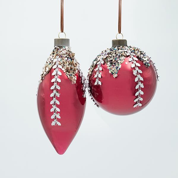 ADORNO DE CRISTAL, COLOR BURDEOS CON RIBETE PLATEADO, 2 DISEÑOS, JUEGO DE 4 PIEZAS, 10 CM