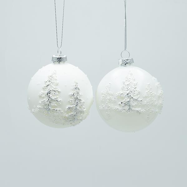 BOLA DE CRISTAL, BLANCA, MATE Y BRILLO, CON ÁRBOLES 3D, SET DE 4 PIEZAS, 8 CM