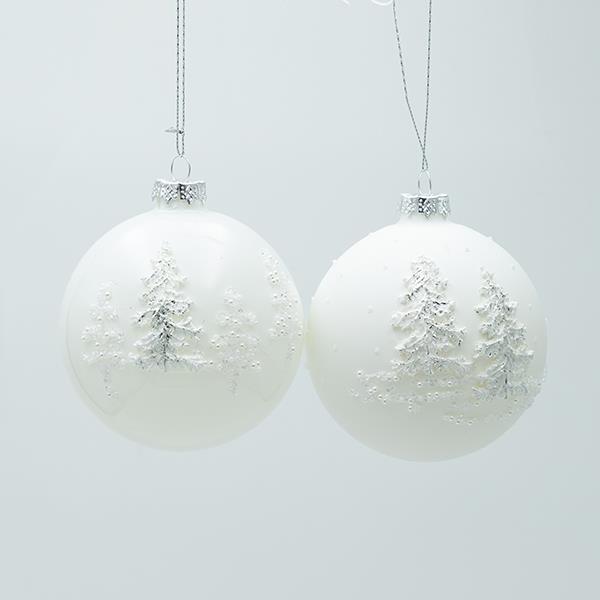 BOLA DE CRISTAL, BLANCA, MATE Y BRILLO, CON ÁRBOLES 3D, SET DE 4 PIEZAS, 10 CM