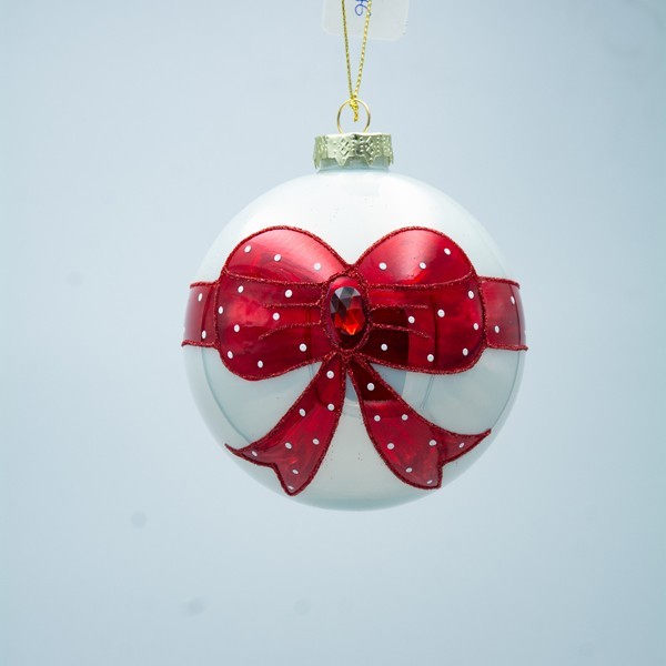 BOLA DE CRISTAL, BLANCA CON LAZO ROJO, SET DE 4 PIEZAS, 10 CM