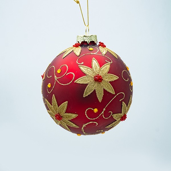 BOLA DE CRISTAL ROJA CON FLOR DE PASCUA DORADA, JUEGO DE 4 PIEZAS, 10 CM