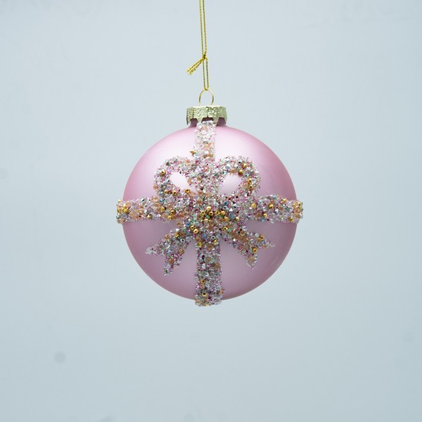 BOLA DE CRISTAL, ROSA CLARO CON LAZO COLOR CHAMPÁN, JUEGO DE 4 PIEZAS, 10 CM