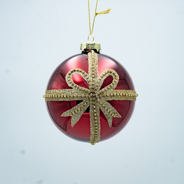 BOLA DE CRISTAL, ROJA CON LAZO DORADO, SET DE 4 PIEZAS, 10 CM