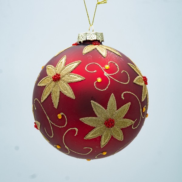BOLA DE CRISTAL, ROJA CON FLOR DE POINSETTI DORADA, 12 CM