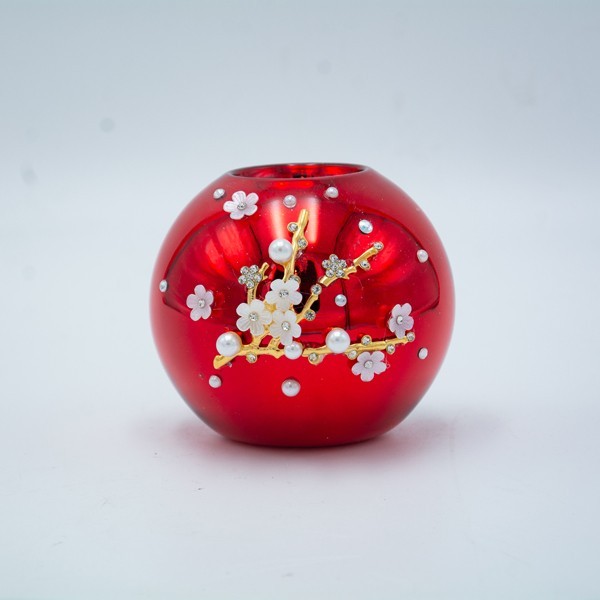 PORTAVELAS ROJO CON FLORES BLANCAS 3D, 8,5X10CM