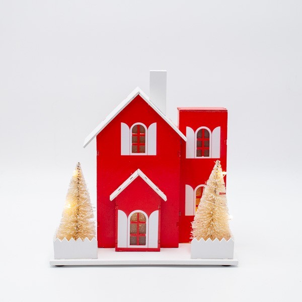 CASA DE MADERA ILUMINADA, COLOR ROJO Y BLANCO, CAJA DE PILAS 2XAA, TEMPORIZADOR, 10 LED BLANCO CÁLIDO, 20X10X20CM, IP20