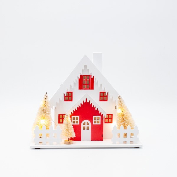 CASA DE MADERA ILUMINADA, COLOR ROJO Y BLANCO, CON ÁRBOLES Y TECHO NIEVADO, CAJA DE PILAS 2XAA, TEMPORIZADOR, 10 LED BLANCO CÁLIDO, 20X10X20CM, IP20