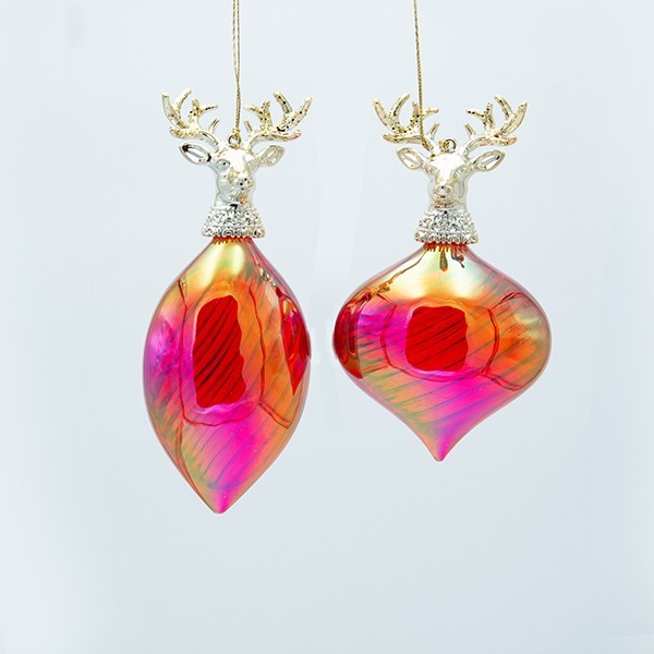 ADORNO DE PLÁSTICO, ROJO IRIDISCENTE CON RENO DORADO, 2 DISEÑOS, 9X5.5X15.5CM