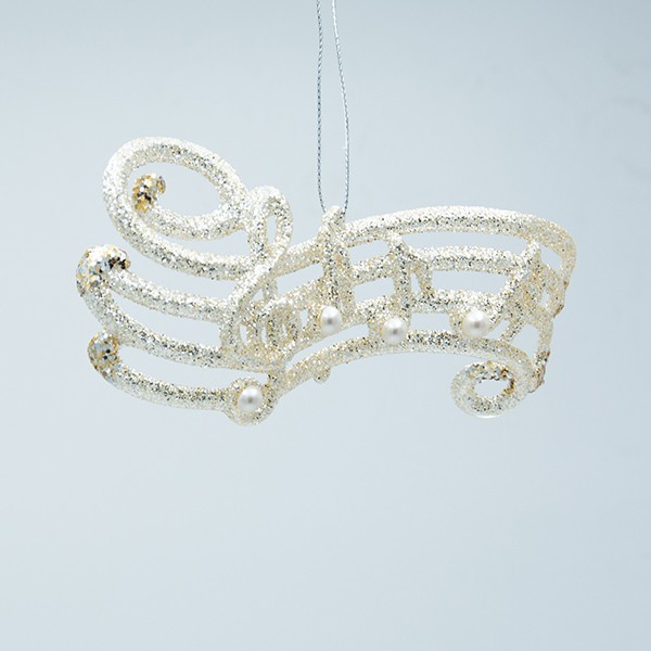 ADORNO DE ACRÍLICO, NOTAS EN PENTAGRAMA, DORADO CON PERLA, 13,7X1,1X7CM