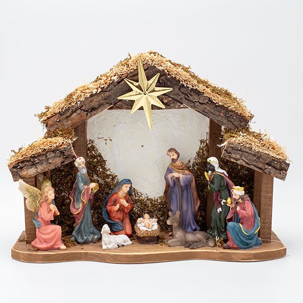 PESEBRE CON 9 FIGURAS Y ESTRELLA DE BELÉN, 35X12X25CM