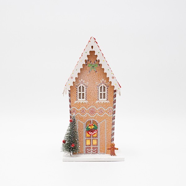 CASA DE PAPEL, BEIGE CON GALLETA DE JENGIBRE, ILUMINADA, 11X8,5X22CM