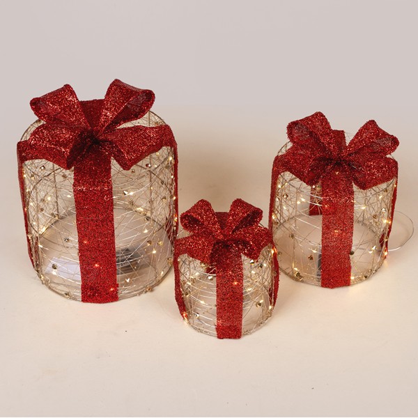 REGALOS REDONDOS ILUMINADOS 15-20-25 CM, 20/30/40 LED, CAJA DE PILAS 2XAA/3XAA, TEMPORIZADOR, DORADO CON LAZO ROJO, LED BLANCO CÁLIDO, IP20