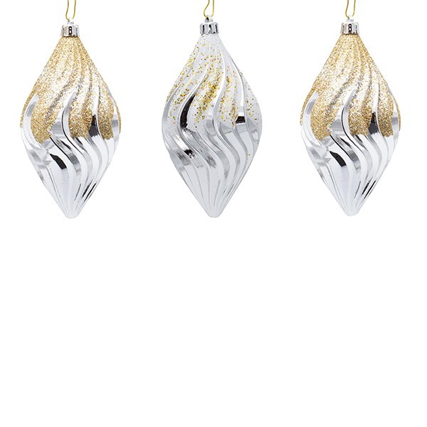 ADORNO DE PLÁSTICO, COLOR PLATA, CON PURPURINA DORADA Y BLANCA, JUEGO DE 3 PIEZAS, 14 CM