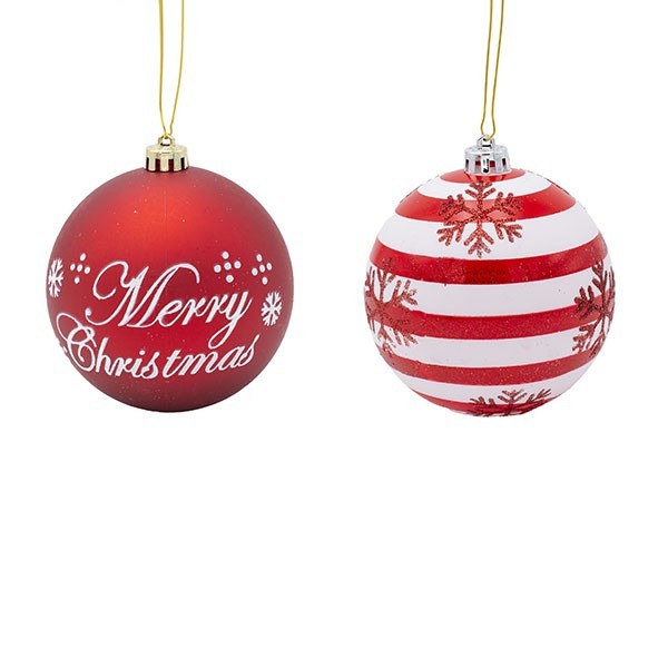 BOLAS DE PLÁSTICO, COLOR ROJO, FELIZ NAVIDAD Y COPO DE NIEVE, JUEGO DE 4 UNIDADES, 10 CM