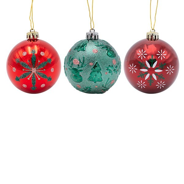 BOLAS DE PLÁSTICO, BORGOÑA, VERDE Y ROJO, SET DE 6 PIEZAS, 8 CM